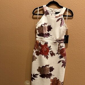 Elegant Floral Midi Dress in Cream and Burgundy